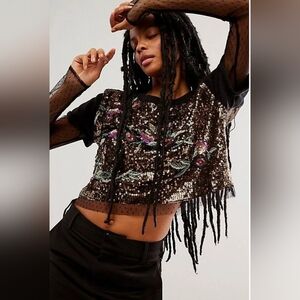 Free People Life of the Party Twofer Embellished Top, Size XL, Black Combo, NWT